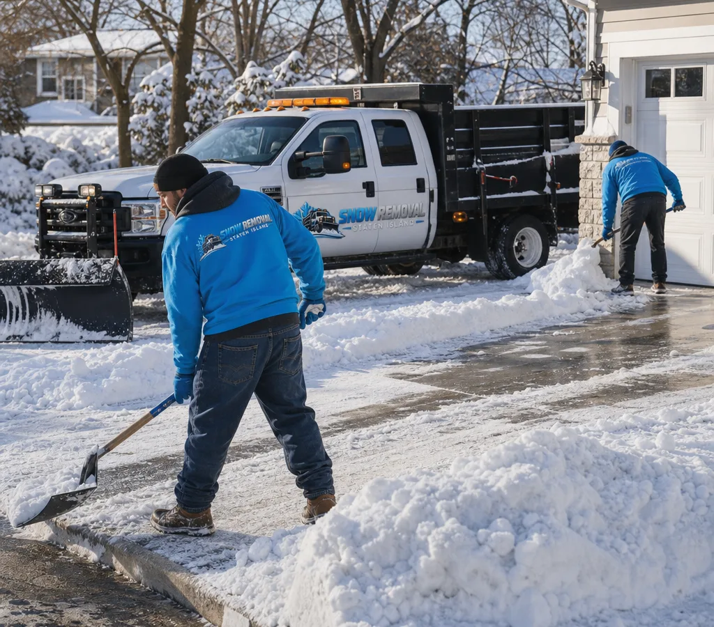 Snow removal crew clearing a Staten Island residential driveway with a plow truck and shovels