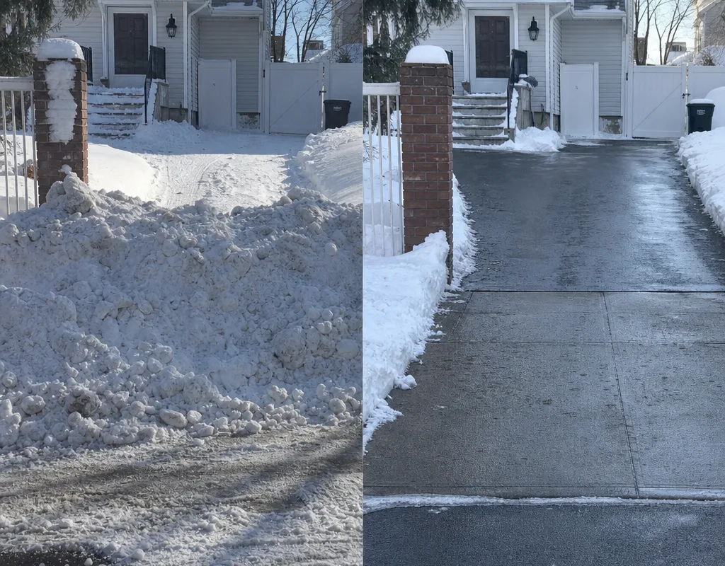 Before and after view of a dense plow pile removed from a driveway entrance