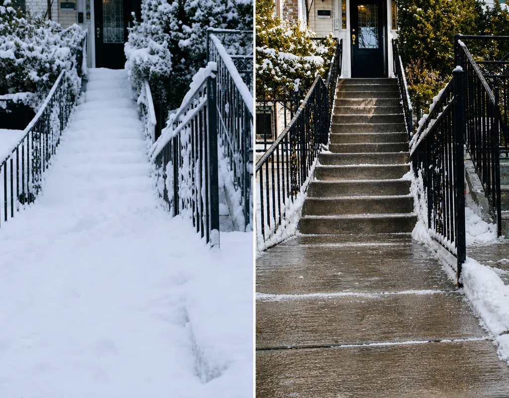 Before and after view of a snow-packed Staten Island walkway and fully cleared steps
