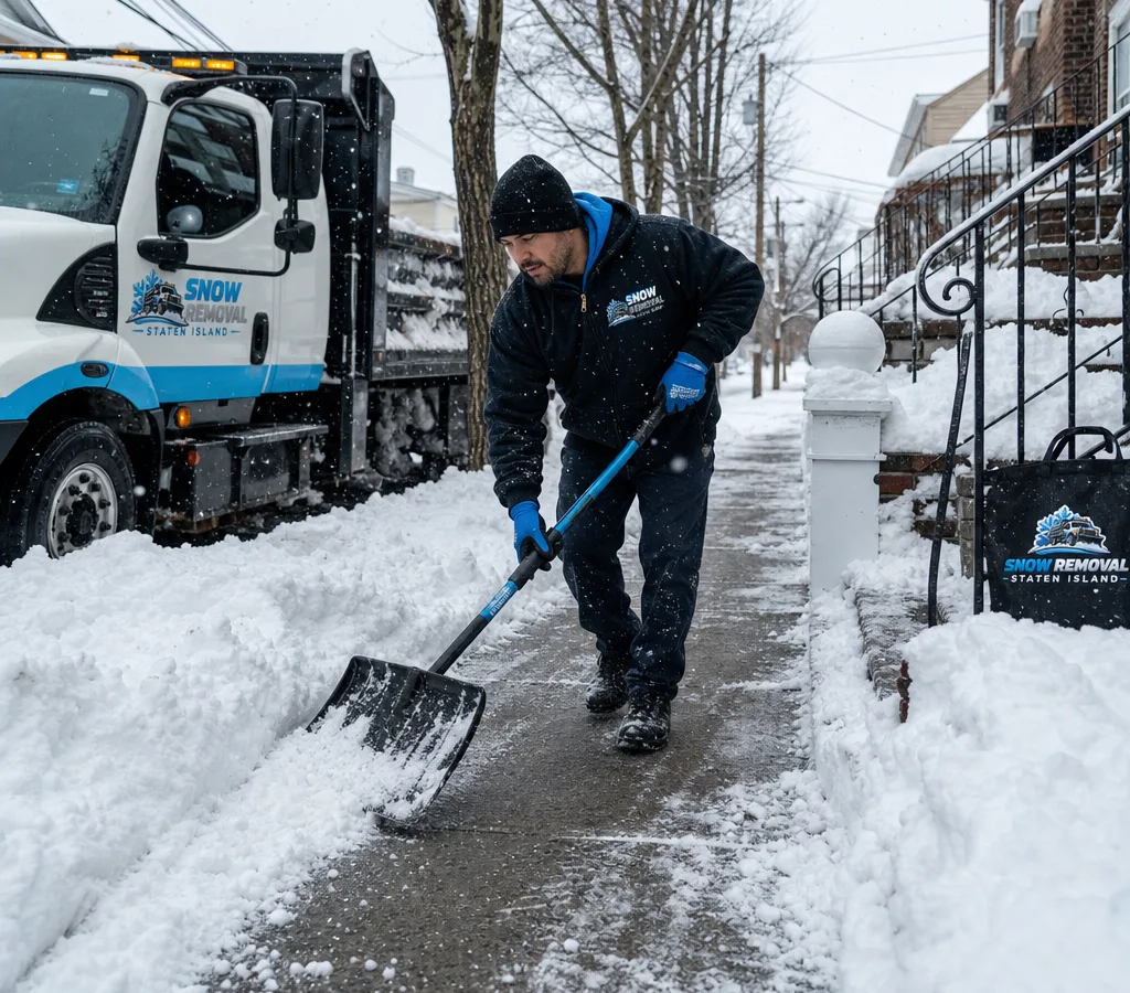 Crew member widening a cleared path from a Staten Island sidewalk to a front stoop