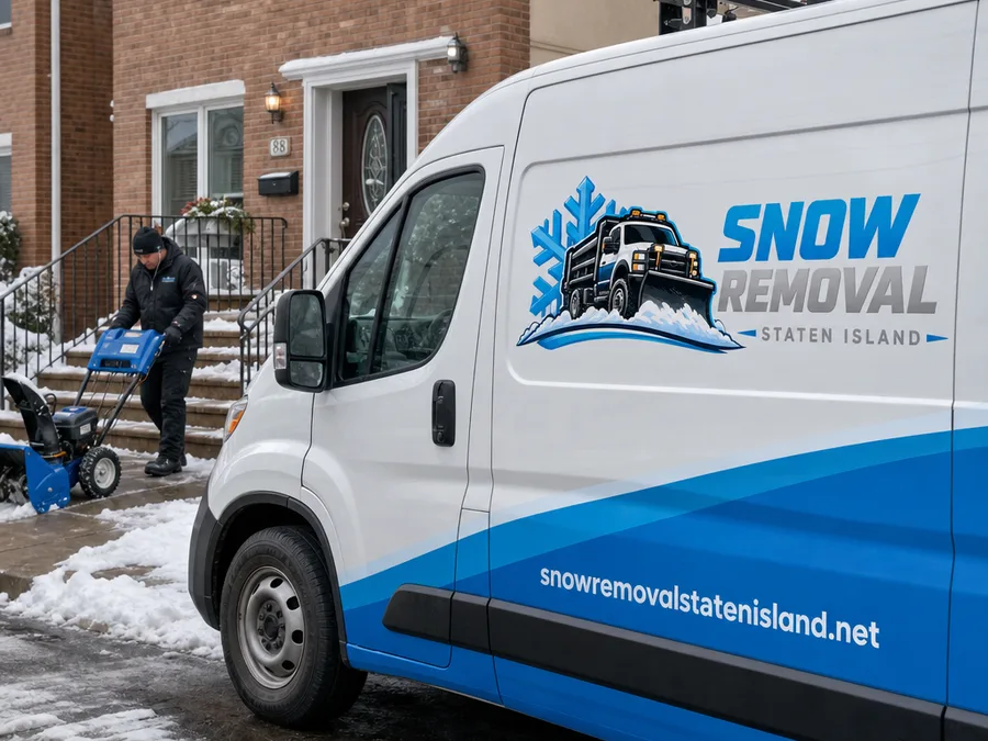 Operator clearing a Staten Island sidewalk and front steps with a snow blower and shovel