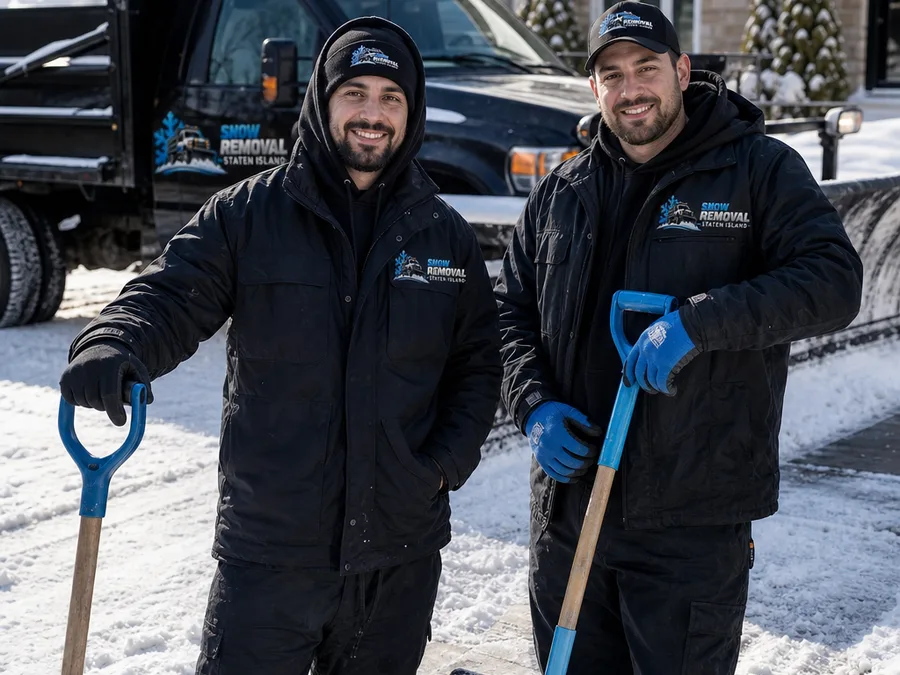 Two-person Staten Island snow crew beside a plow truck and clearing tools